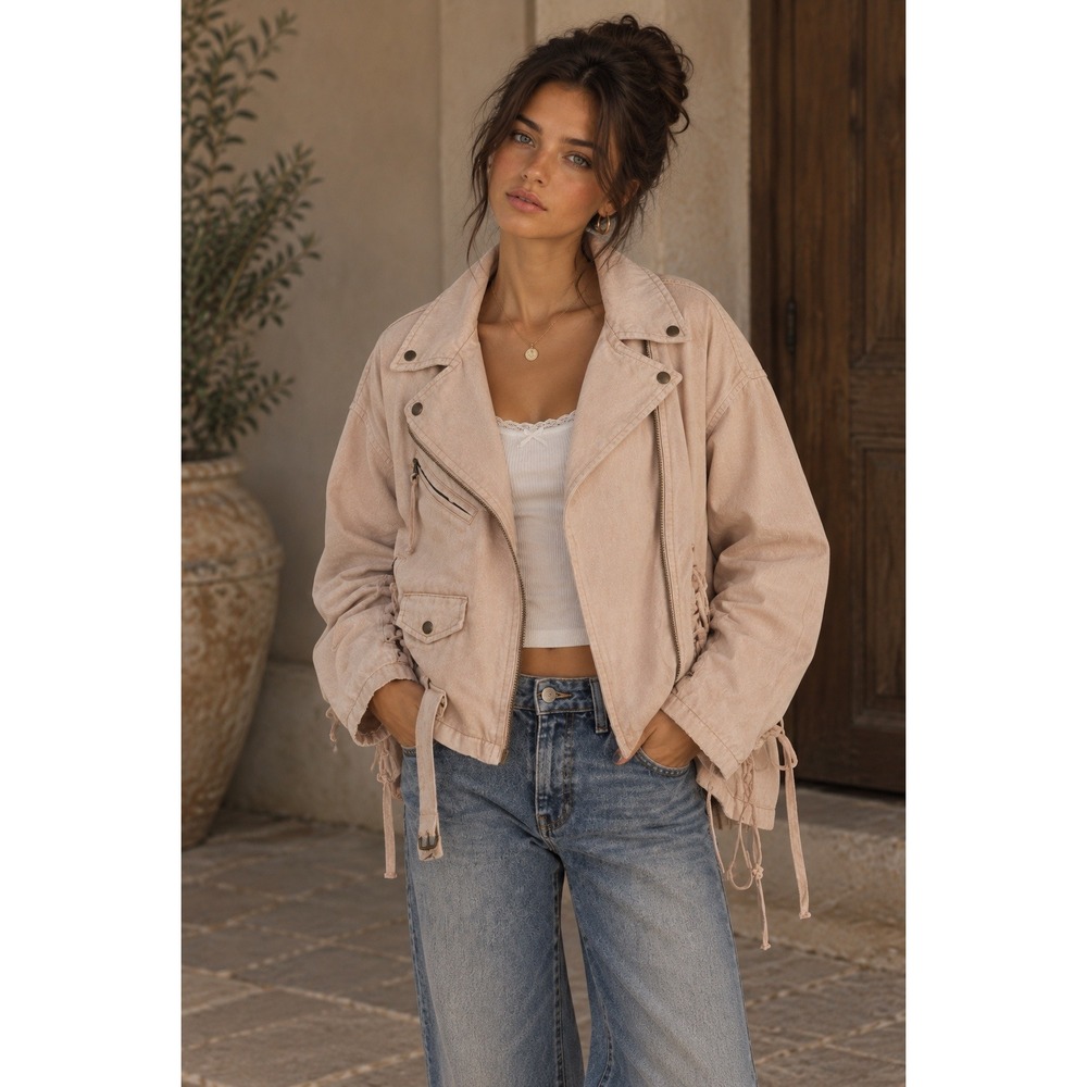 Free People Oversized Biker Moto Jacket Rose Pink Washed Denim Lace Up Sides S